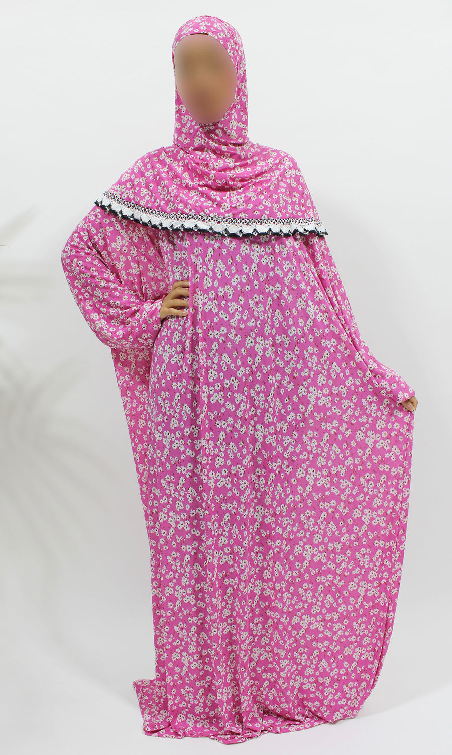 Pink candy floral jersey prayer dress showing the attached hijab