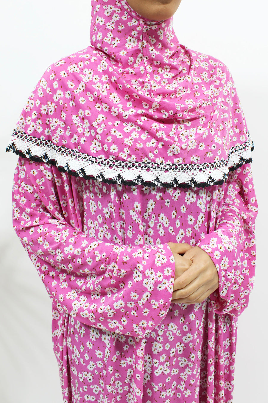 Pink candy floral jersey prayer dress, full-length view