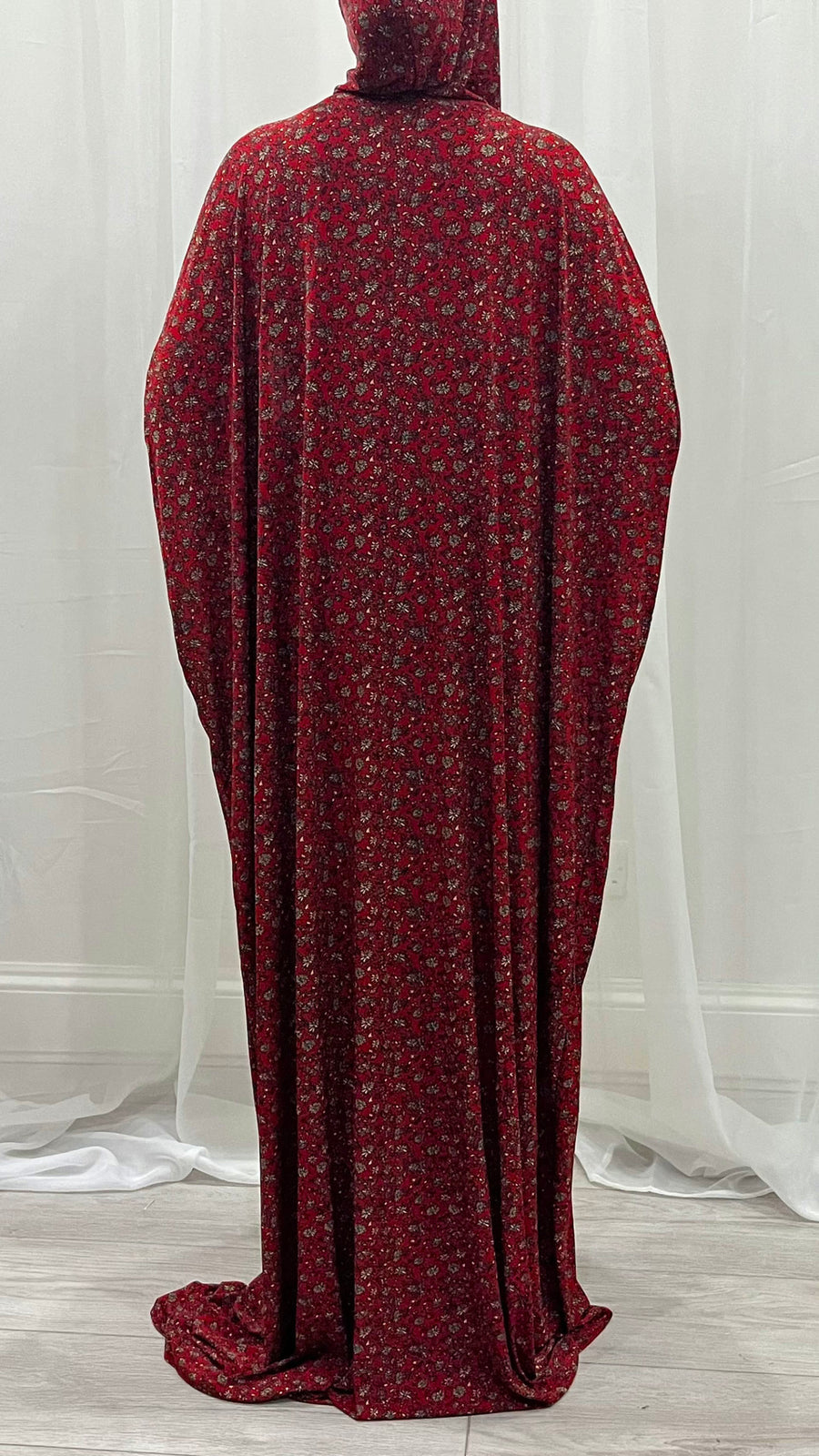 Red floral jersey prayer dress, full-length view