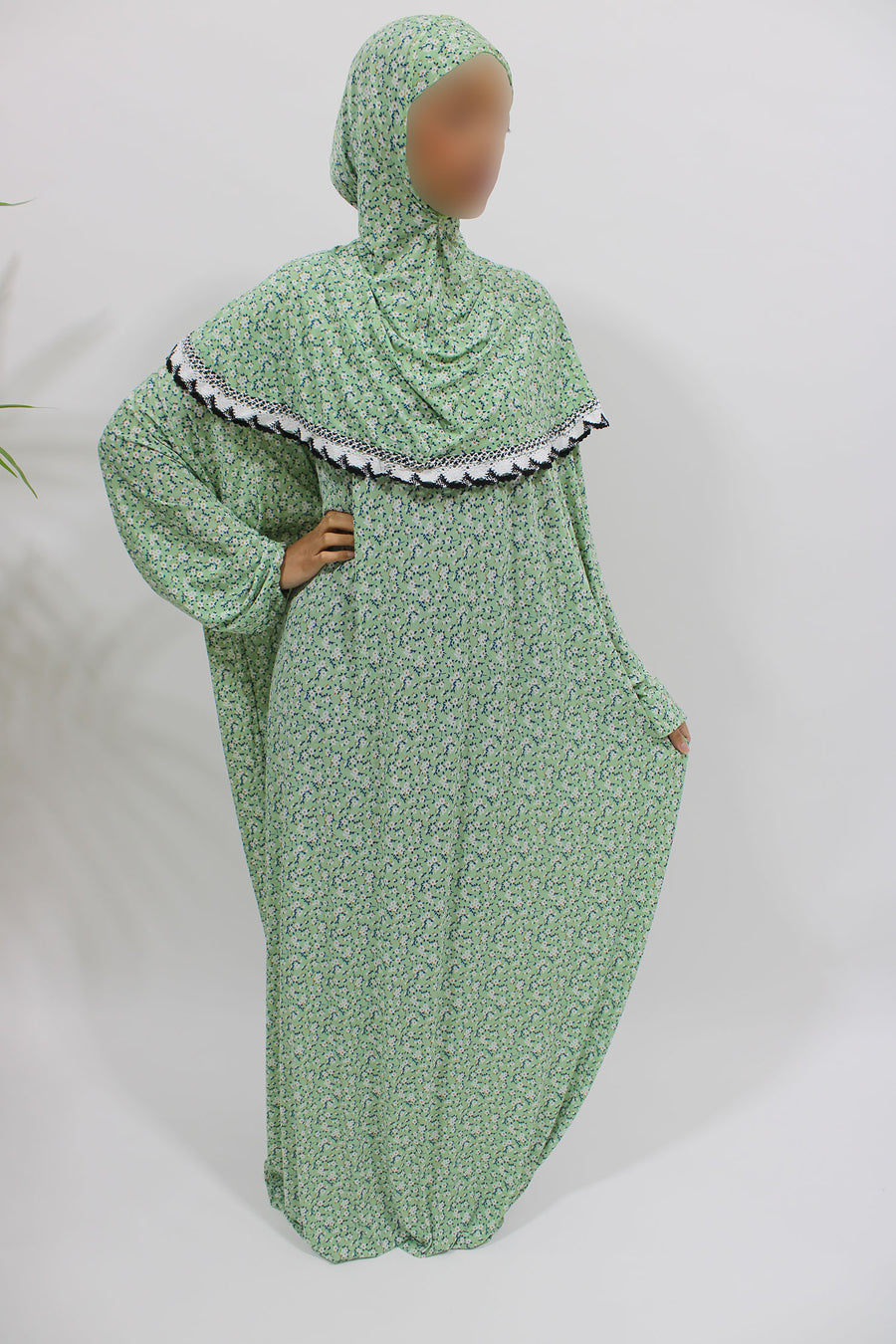 Soft green floral jersey prayer dress, full-length view