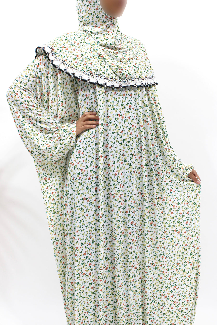 White floral slip-on jersey prayer dress with attached hijab, front view