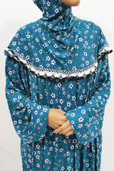 Yale blue floral slip-on jersey prayer dress with attached hijab, front view