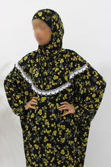 Yellow floral slip-on jersey prayer dress with attached hijab, front view