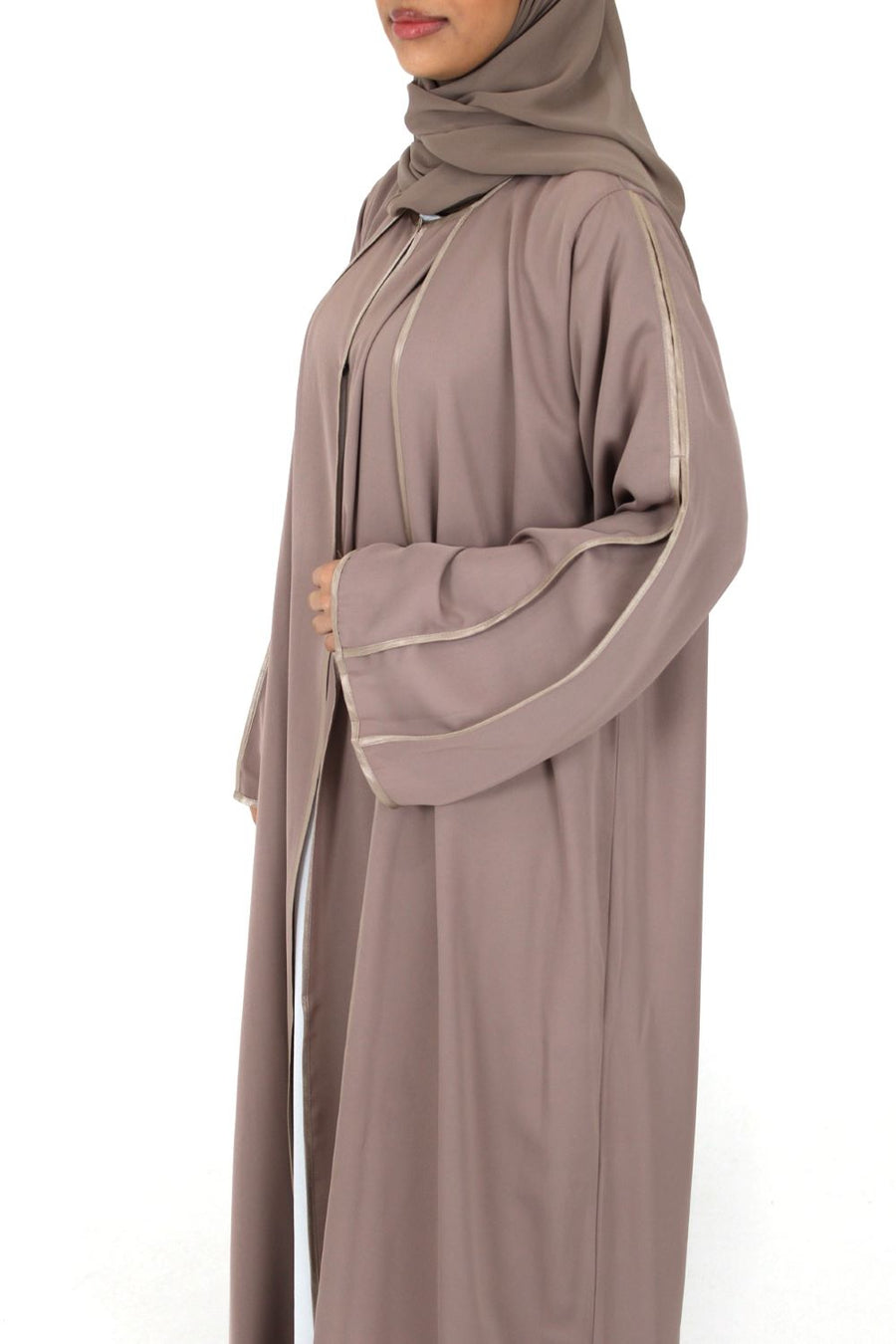 Rose taupe open abaya layered over an inner dress