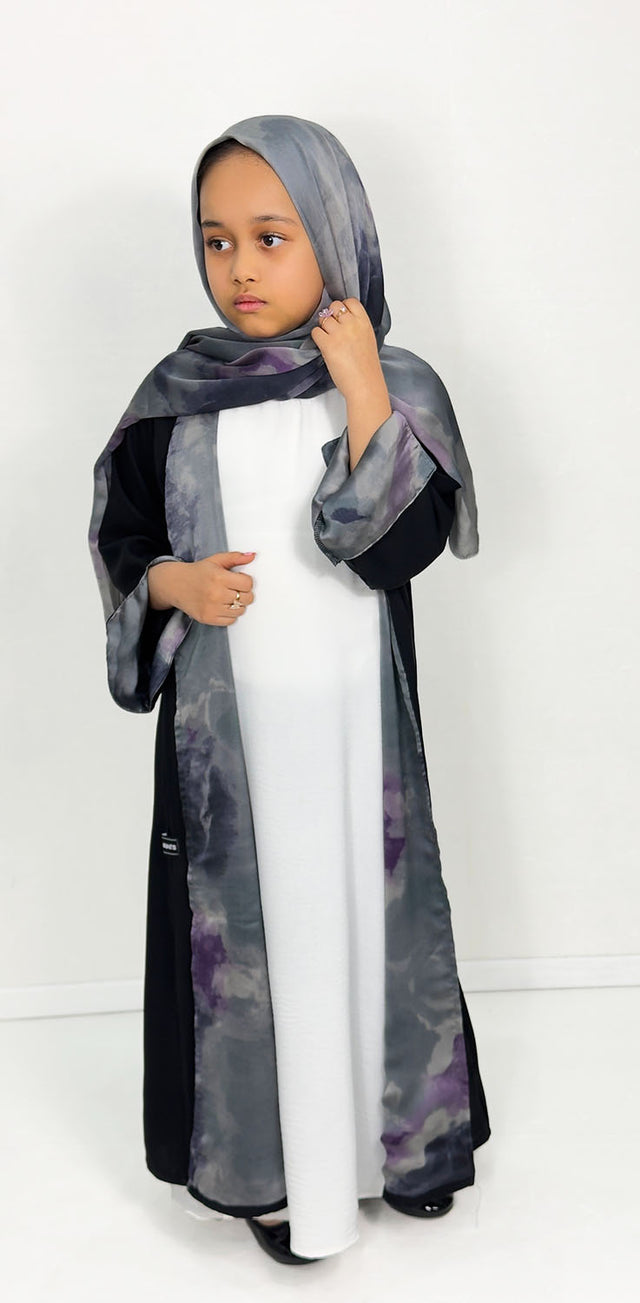 Girls' black open abaya with grey satin chiffon lining, front view