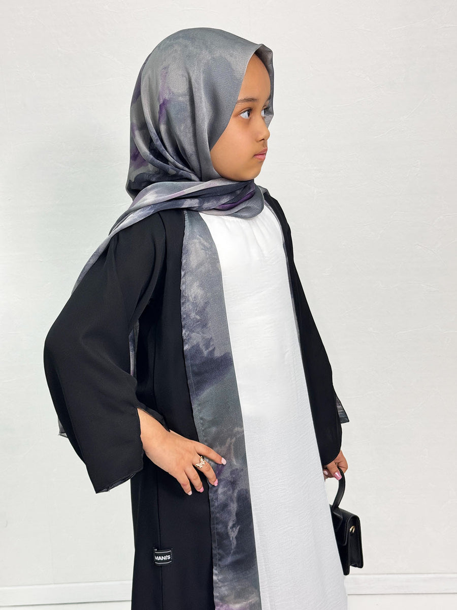Girls' open abaya showing grey watercolour satin chiffon lining