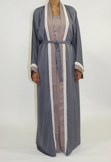 Grey two-tone open abaya with pearl detailing, front view
