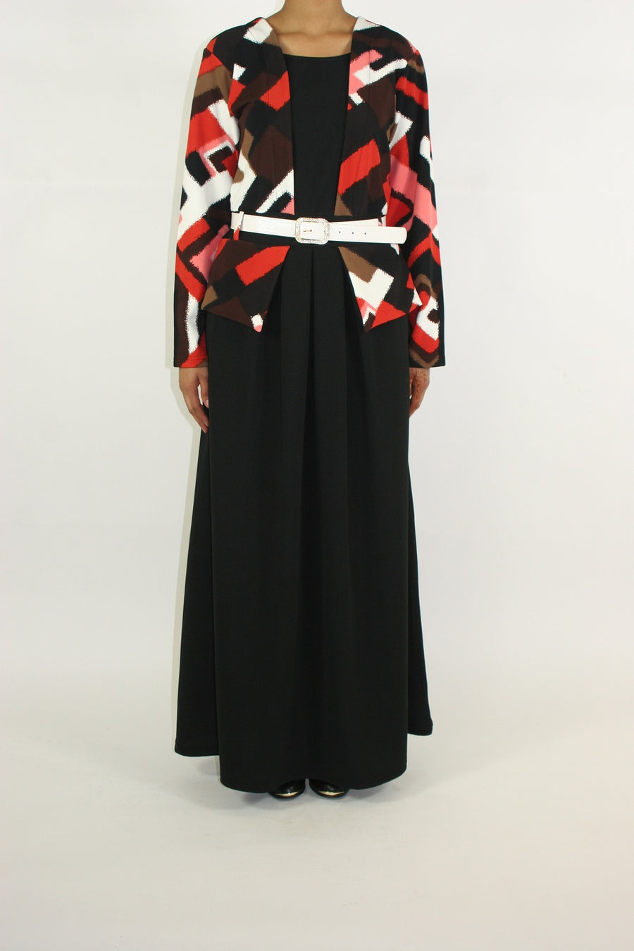 Orange jacket-layered jersey maxi dress, front view