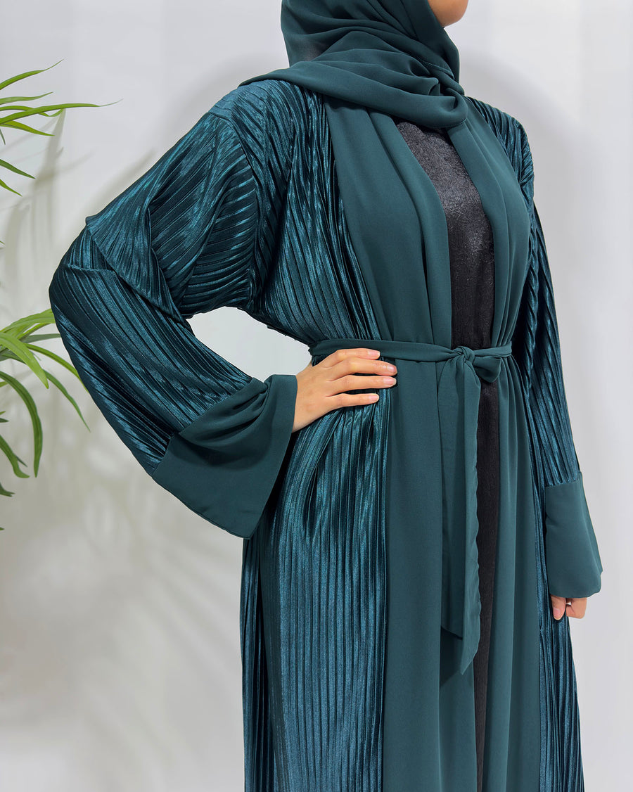 Green teal pleated open abaya belted at the waist for a defined silhouette
