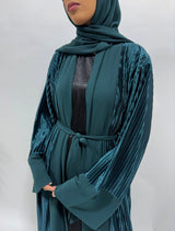 Green teal pleated satin open abaya shown front-on with matching belt and hijab