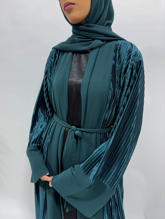 Green teal pleated satin open abaya shown front-on with matching belt and hijab