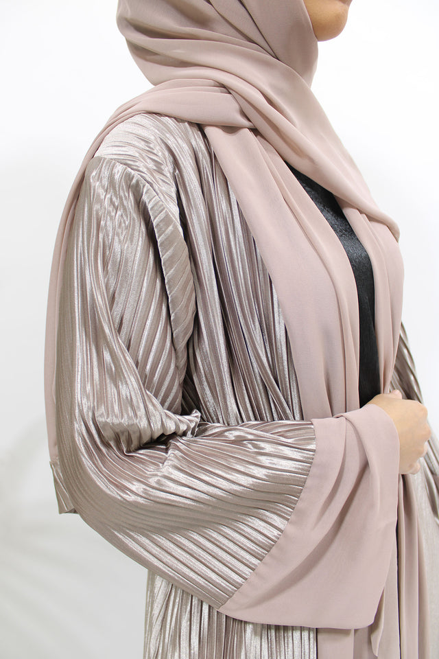 Pink nude pleated satin open abaya shown front-on with matching belt and hijab