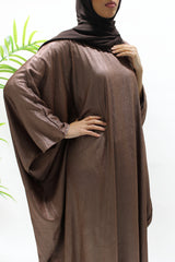 Brown farasha closed abaya shown front-on with matching hijab