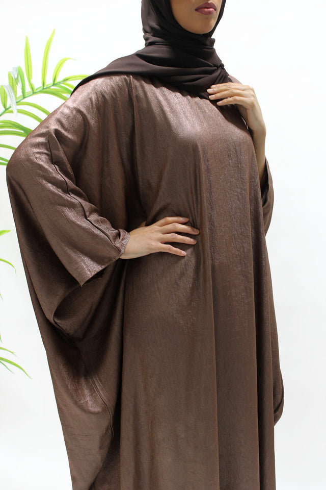 Brown farasha closed abaya shown front-on with matching hijab