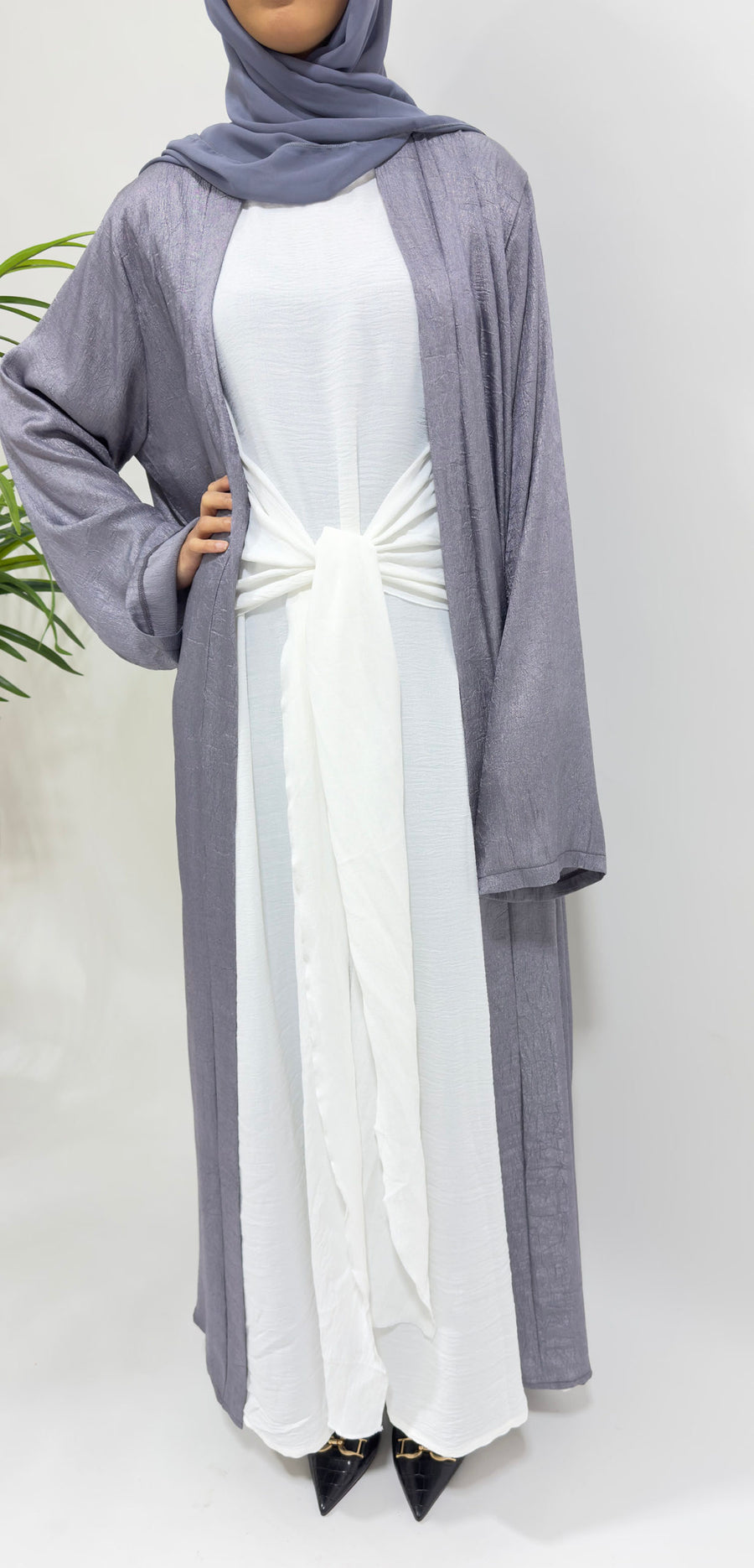 Full-length view of the Vesper violet shimmer open abaya set