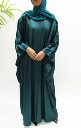Teal farasha closed abaya shown front-on with matching hijab