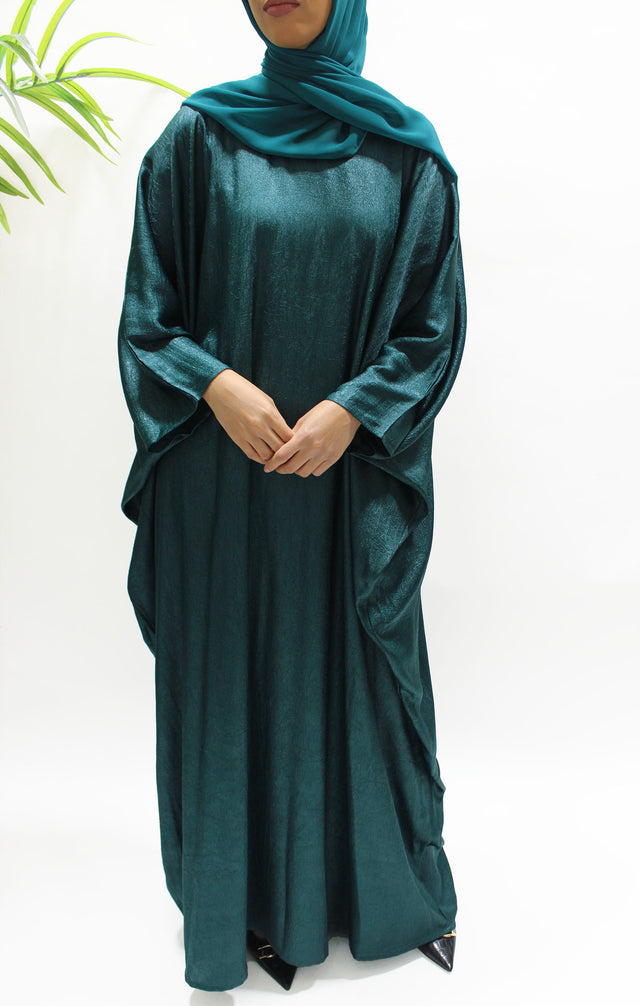 Teal farasha closed abaya shown front-on with matching hijab