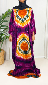 Purple tie-dye farasha baati dress in soft cotton, full-length front view
