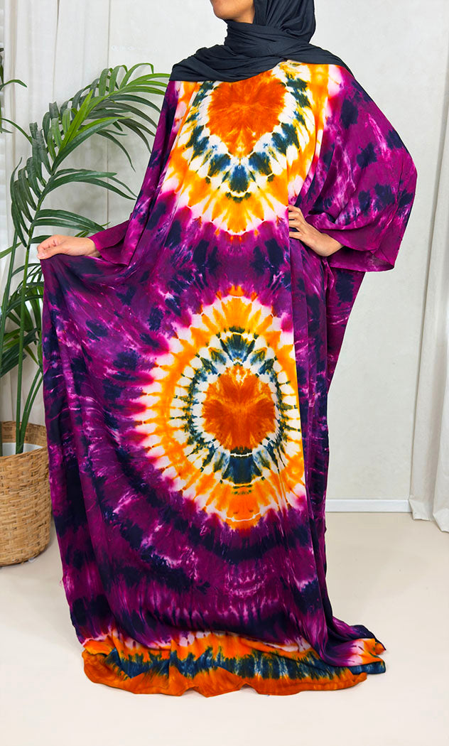 Purple tie-dye cotton baati maxi dress showing the loose farasha drape