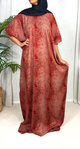 Red leopard print cotton baati maxi dress, full-length front view
