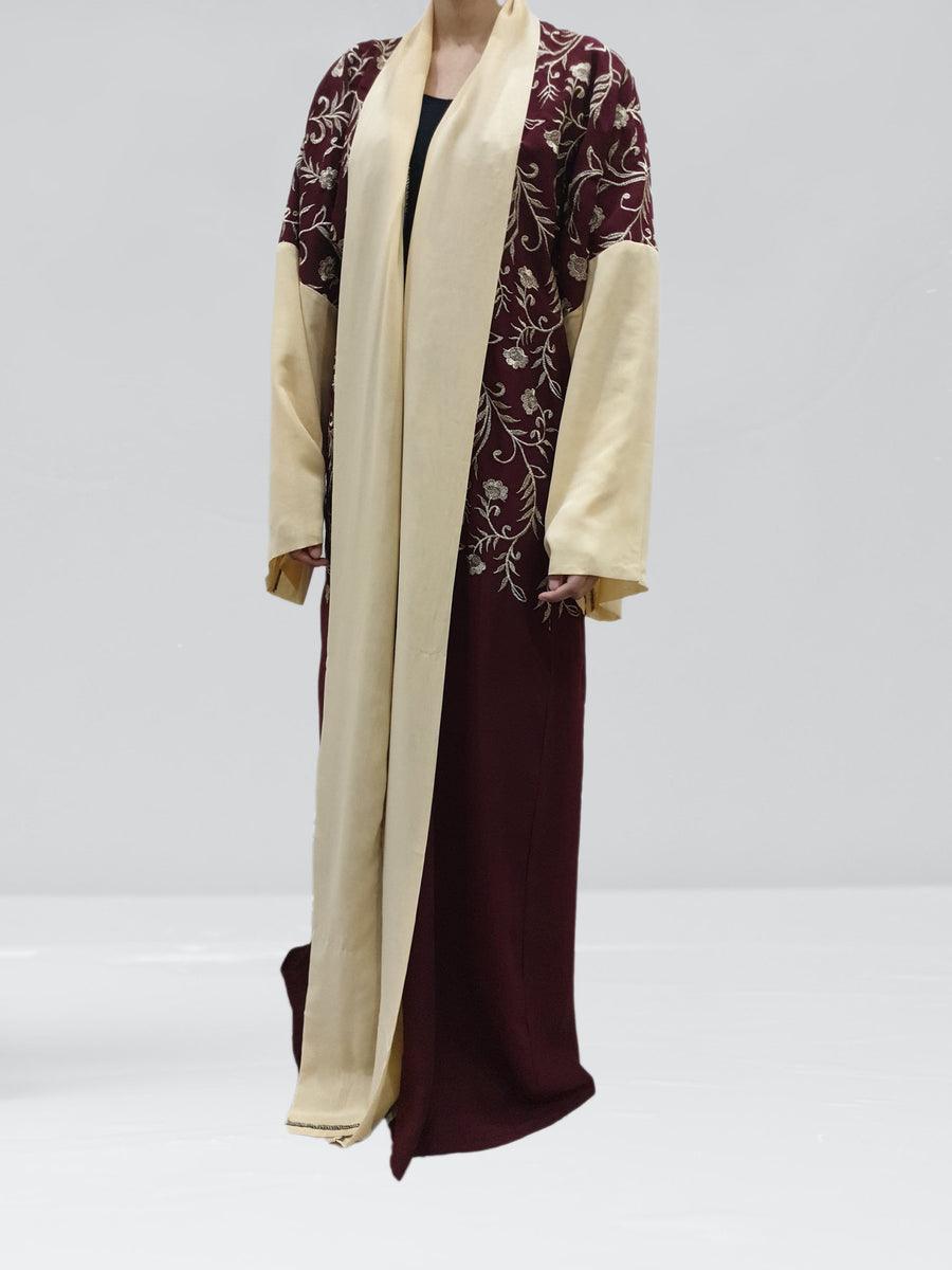 Burgundy open abaya with gold embroidery and matching hijab
