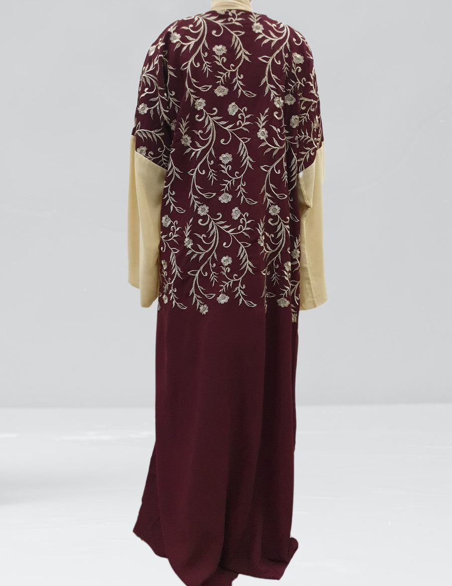 Reem open abaya gold embroidery detail on burgundy fabric