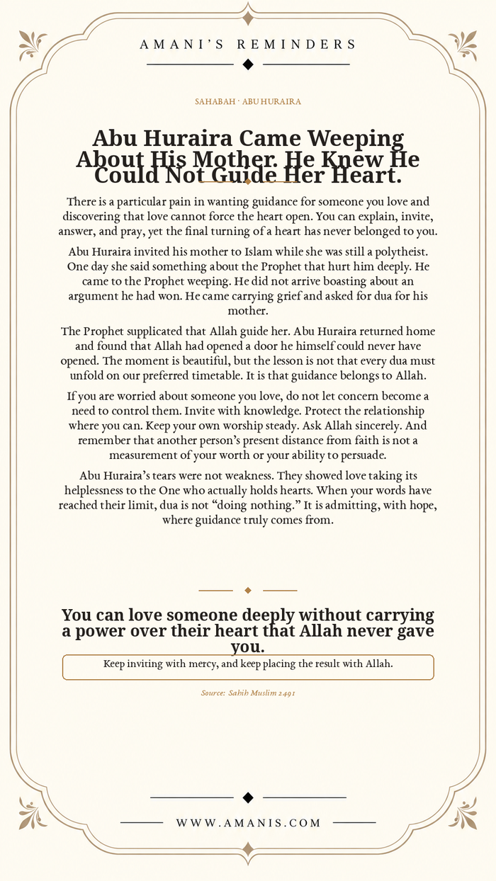 Amani’s Reminders Sahabah artwork about Abu Huraira weeping for his mother and asking Allah for her guidance.