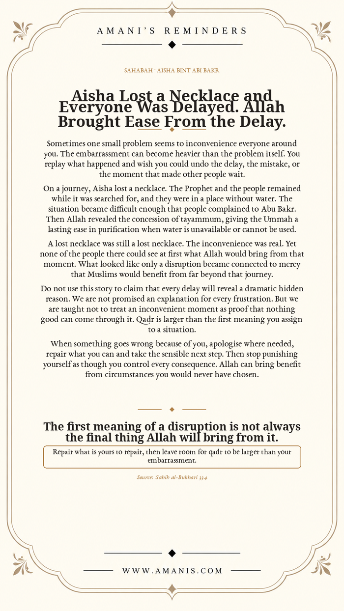 Amani’s Reminders Sahabah artwork about Aisha’s lost necklace, the delay it caused and the revelation of tayammum.