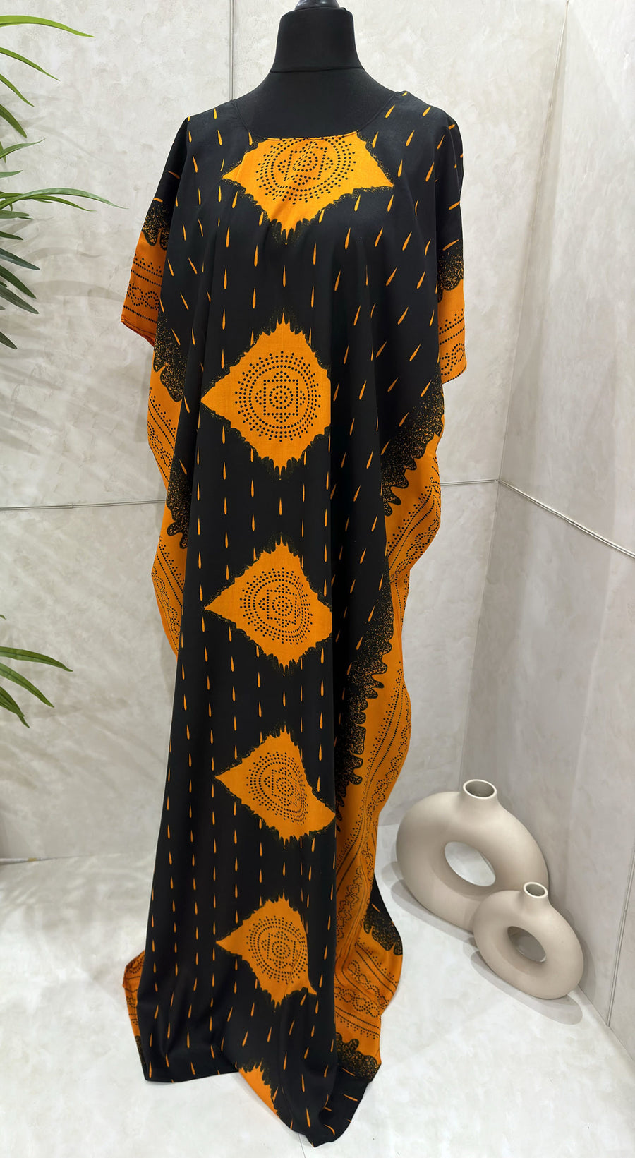 Black and orange shaash print cotton baati maxi dress, full-length front view