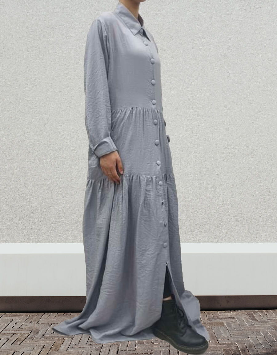 Silver grey shimmer viscose shirt dress side view