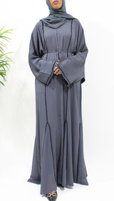 Slate grey open abaya with black diamante piping and matching hijab, front view