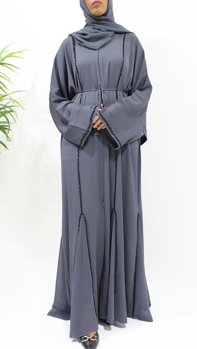 Slate grey open abaya with black diamante piping and matching hijab, front view