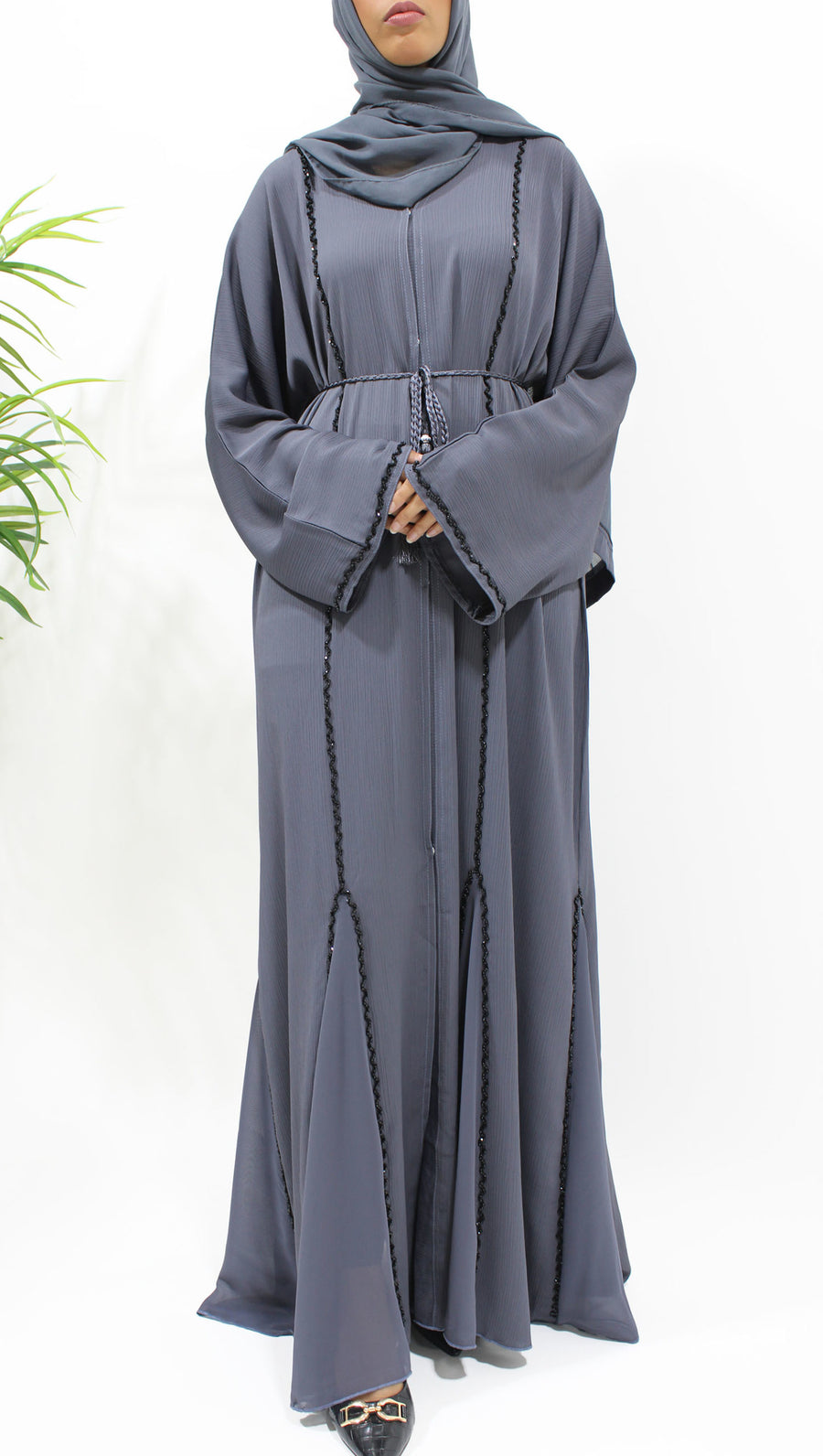 Slate grey open abaya with black diamante piping and matching hijab, front view