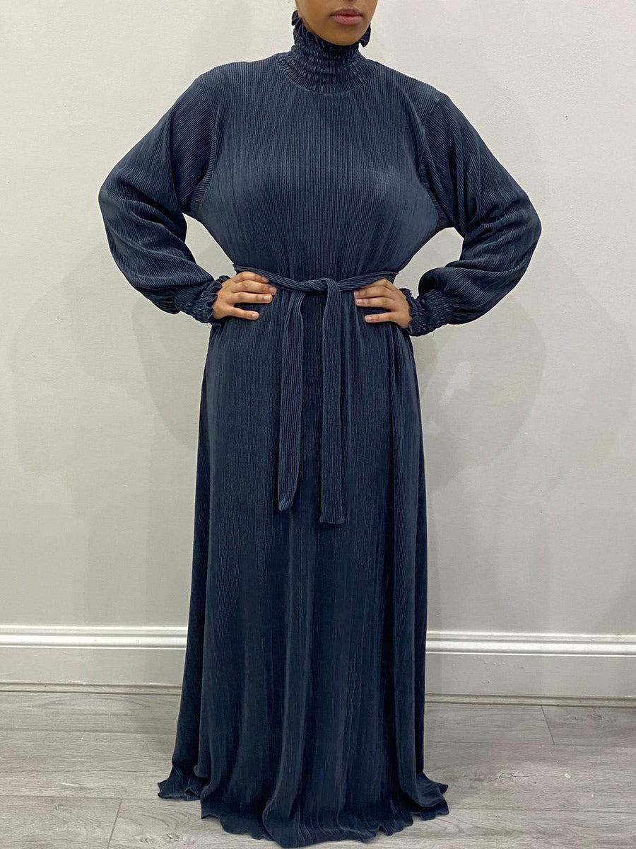 Amani's slate grey satin pleated turtleneck maxi dress front view