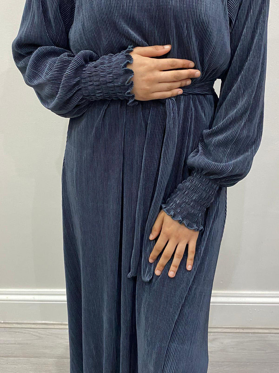 Slate grey satin maxi dress pleat and turtleneck detail