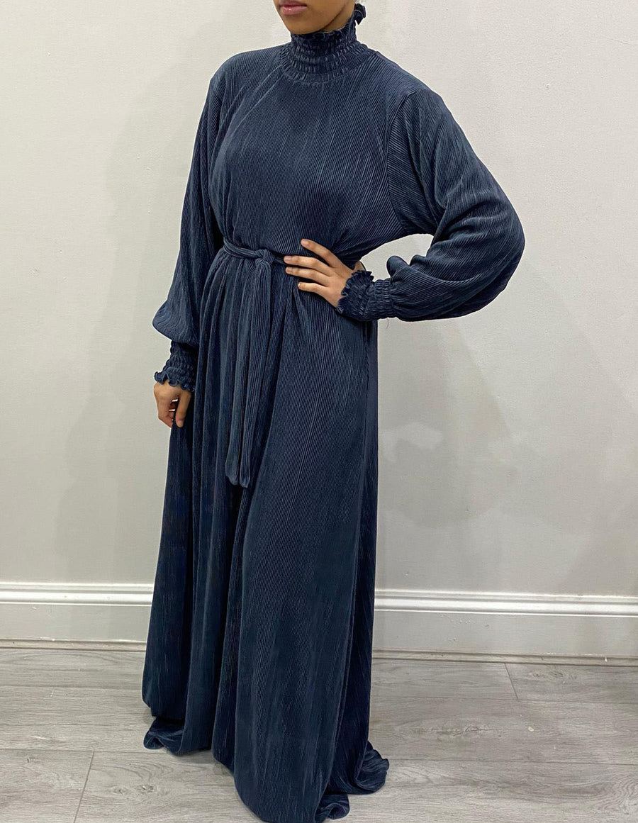 Slate grey pleated satin turtleneck dress full length