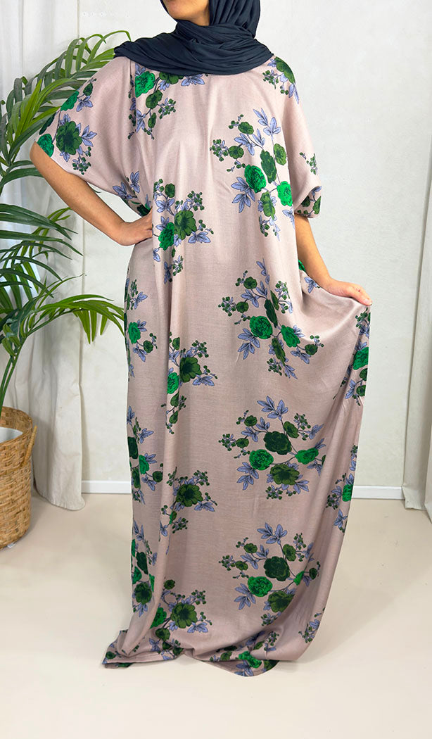 Light taupe floral baati dress showing the soft floral print and loose cut