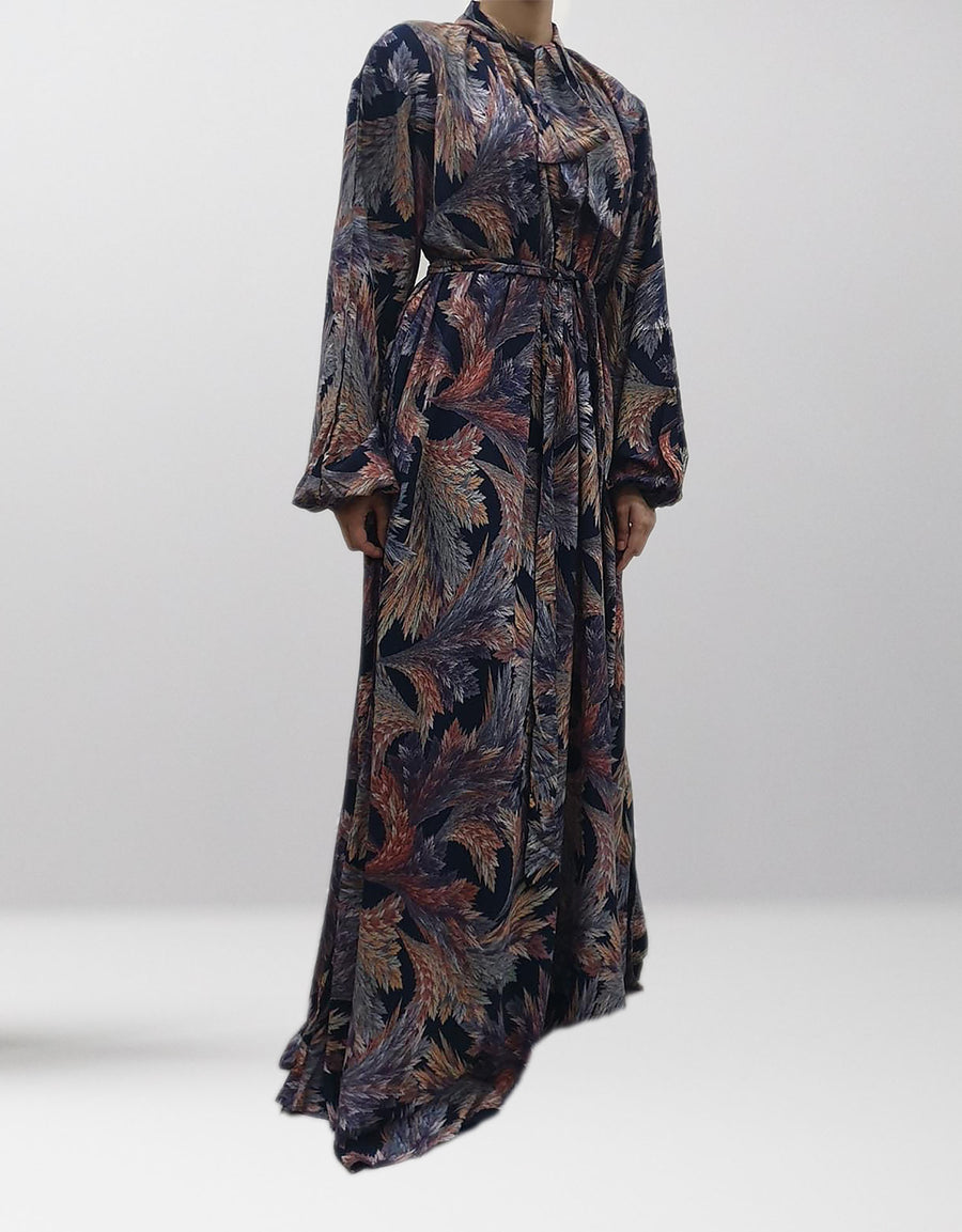 Brown floral maxi dress with elasticated sleeves and press buttons