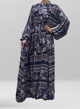 Blue printed cotton bow-tie maxi dress with belt, full-length front view