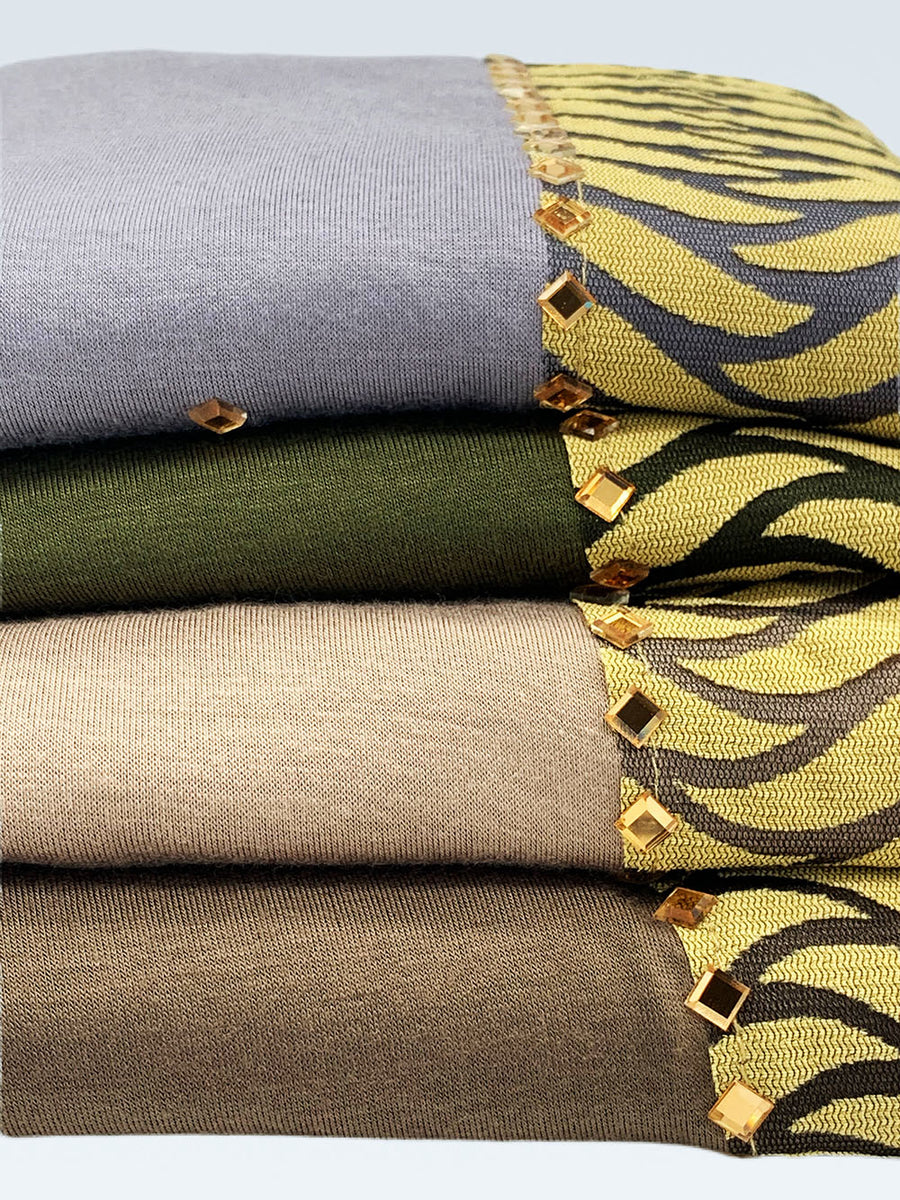 Tiger stripe border hijab draped and styled