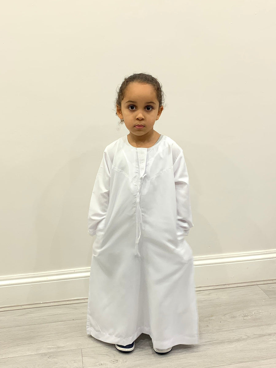 Boys traditional white Emirati thobe, full length