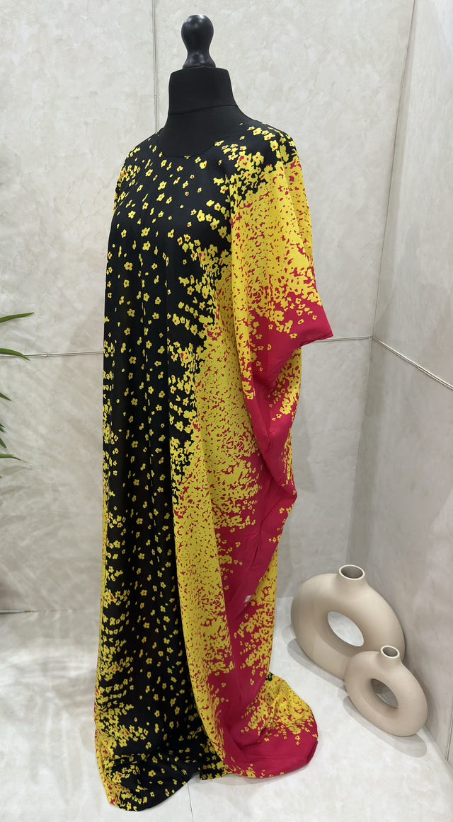 Bright yellow printed cotton baati maxi dress, full-length front view