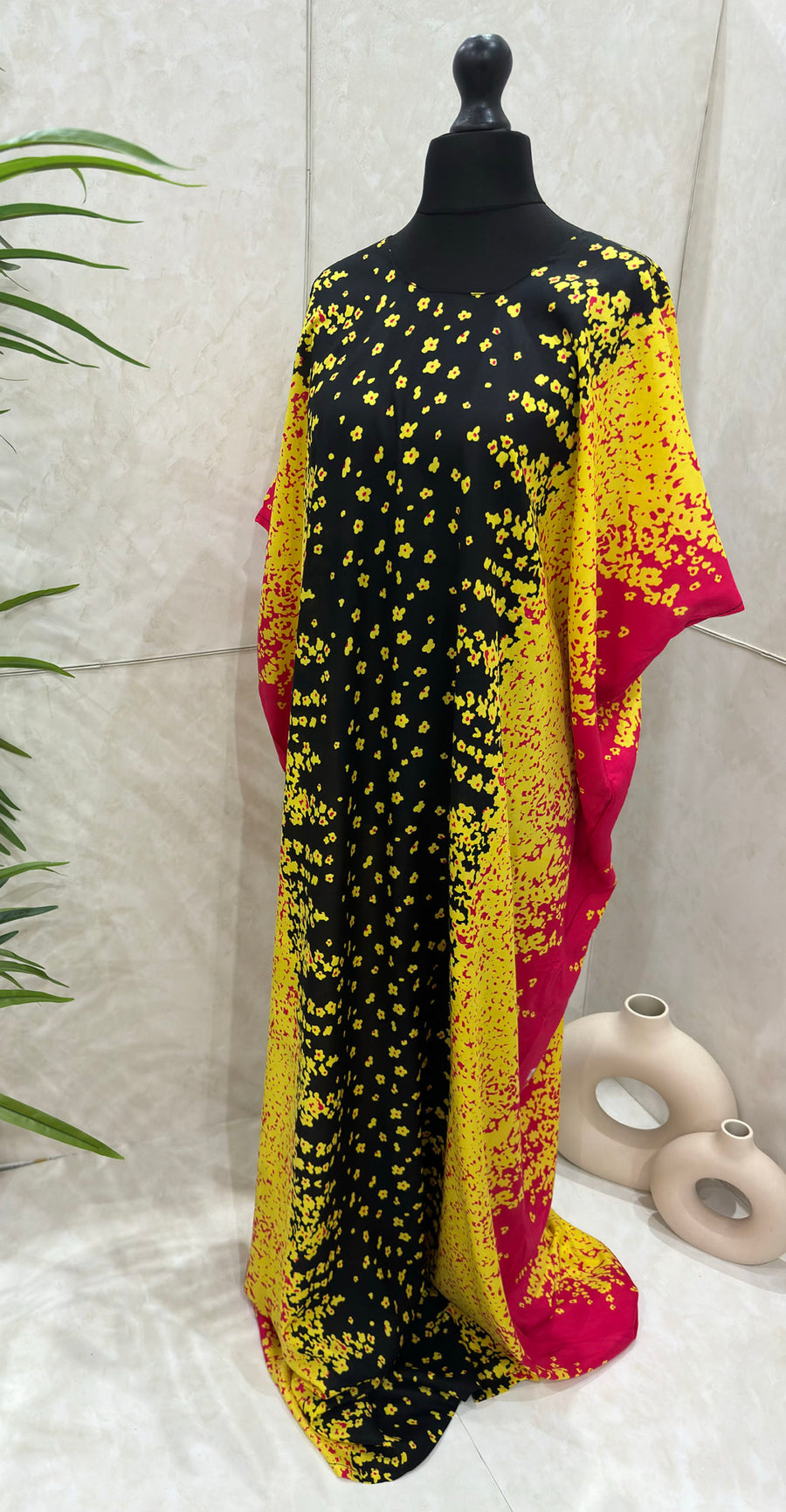 Yellow printed cotton baati dress showing the fabric and print detail