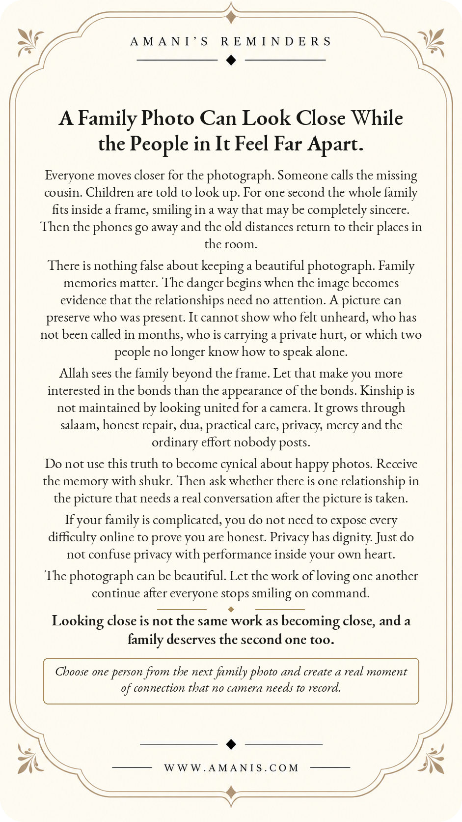 Amani’s Reminders Family: A Family Photo Can Look Close While the People in It Feel Far Apart.