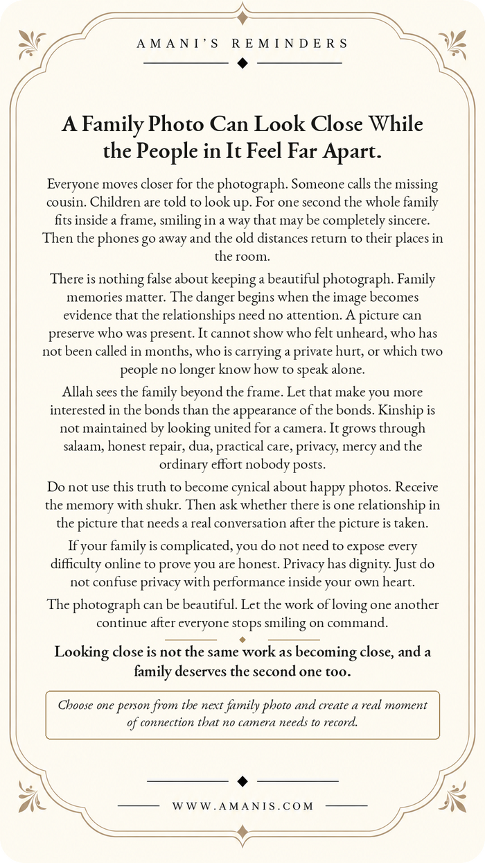 Amani’s Reminders Family: A Family Photo Can Look Close While the People in It Feel Far Apart.