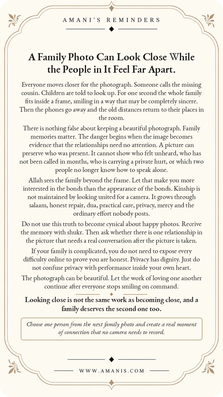 Amani’s Reminders Family: A Family Photo Can Look Close While the People in It Feel Far Apart.