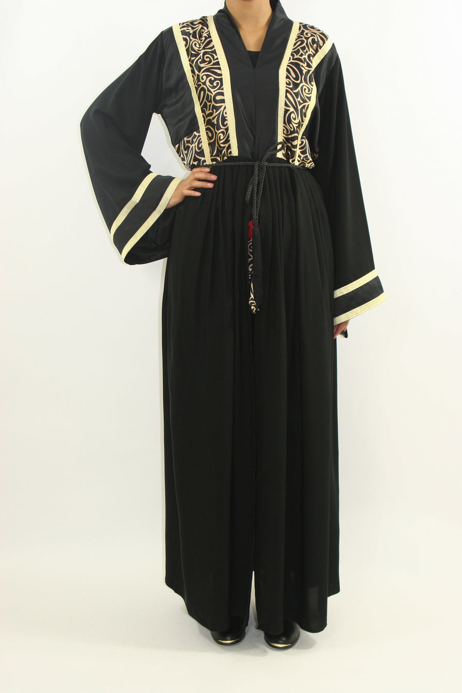 Black Neda abaya with matching gold trousers