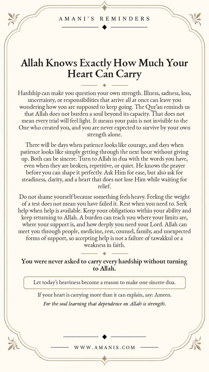 Amani’s Reminders artwork about carrying hardship, turning to Allah in dua and accepting support without shame.