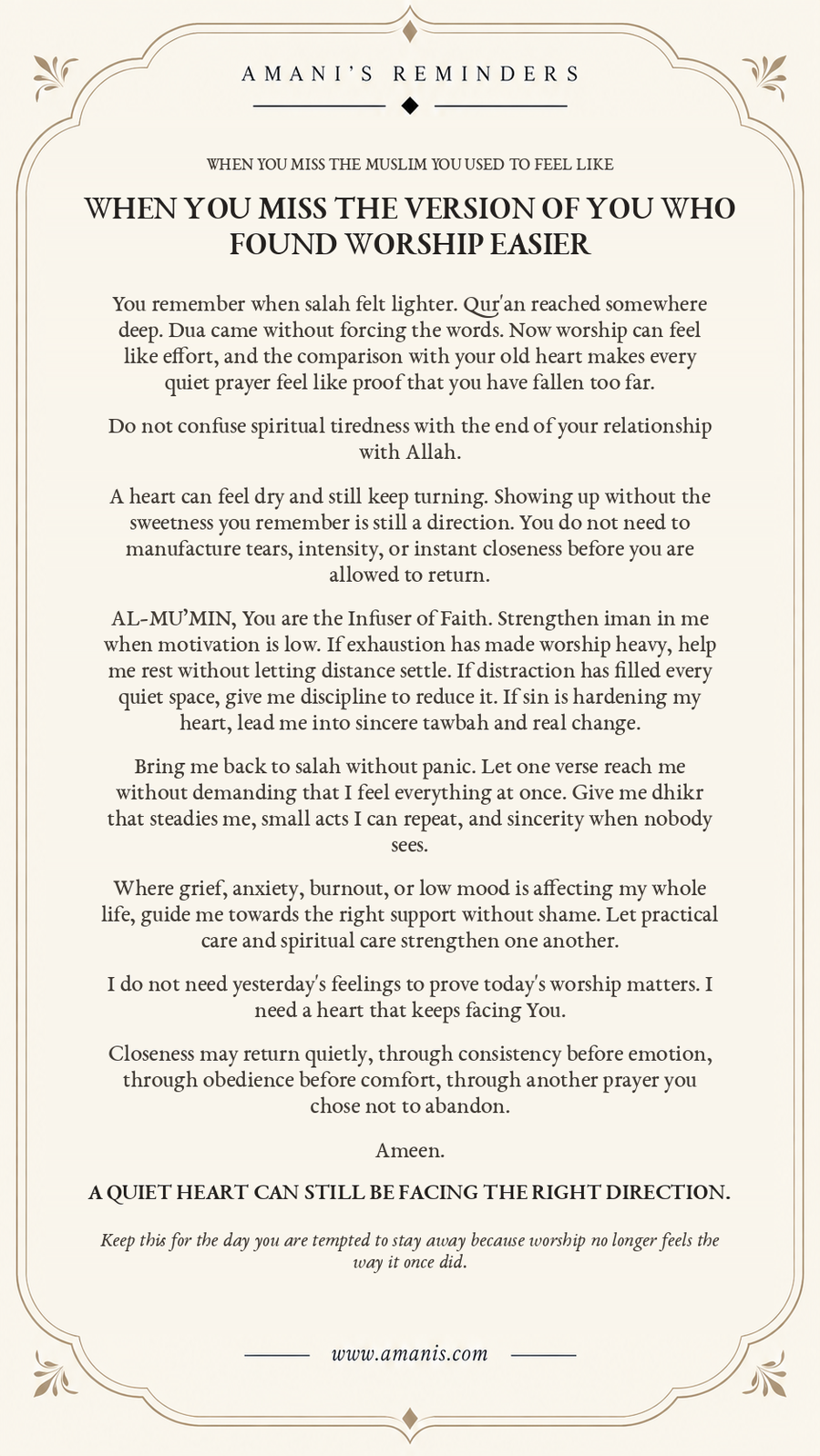 Amani’s Reminders dua for spiritual tiredness, asking Allah to strengthen iman and help someone return gently to salah, Qur’an, dhikr and sincere worship.