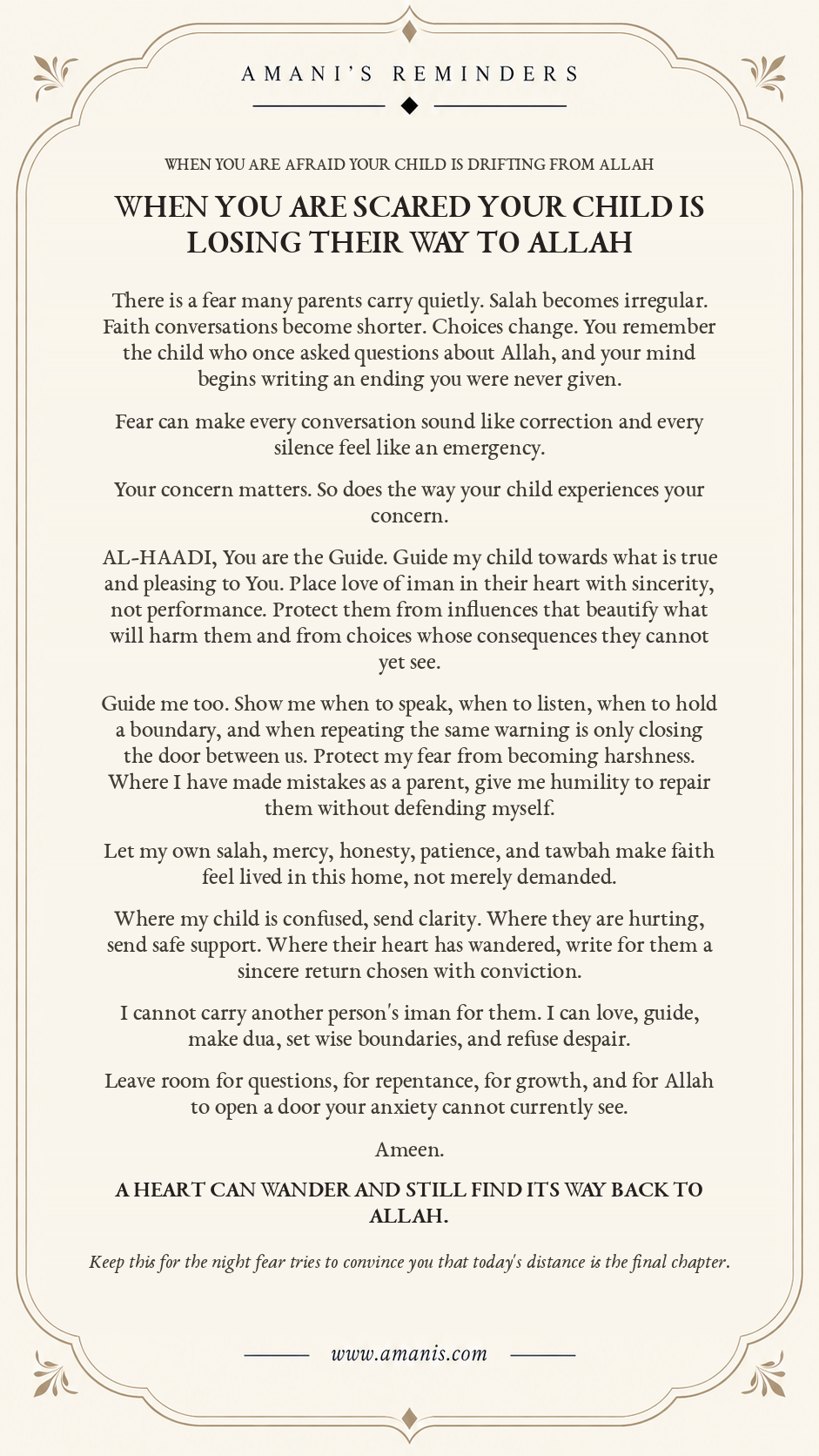 Amani’s Reminders dua for a parent worried their child is drifting from Allah, asking for guidance, wise parenting, sincere iman and hope without harshness.